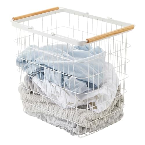 Image of Yamazaki 2810 TOSCA Laundry Basket Large, white, Steel/Wood, Minimalist, 41.5 x 31 x 38.5 cm