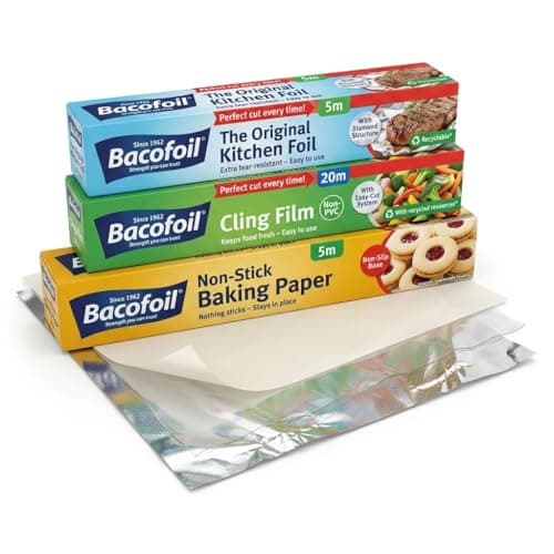 Image of Bacofoil Kitchen Essentials Bundle Set - Cling Film 20m + Non-Stick Baking Paper 5m + Aluminium Foil 5m | Kitchen Wrap for Cooking, Freezing & Food Storage | Easy-Cut System | Recyclable