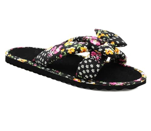 Image of IMTY Womens Floral Mule Sandals Slip On Summer Beach Flip Flops Ladies Flat Bow Sliders Spa Pool Slides (Black Floral, UK Footwear Size System, Adult, Women, Numeric, Medium, 6)