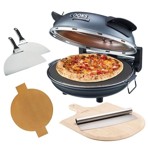 Image of Cooks Professional Electric Pizza Oven with Bamboo Board, Cutter, 31cm Stone Base, Glass Window, Timer, Stainless Steel Paddles & Baking Sheet | Portable Countertop Pizza Maker Machine 1200W | Grey