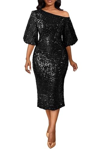 Image of VERWIN Women's Oblique One Shoulder Sequin Elegant Party Cocktail Sparkly Puff Sleeves Midi Dress L Black