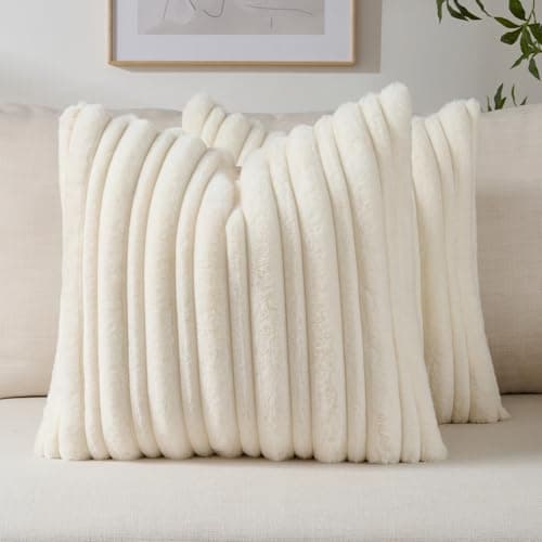 Image of FUTEI Set of 2 Solid Plush Faux Fur 55cm x 55cm Cushion Covers Double Sided Soft Fluffy Striped Textured Pillow Covers 55 x 55 cm Modern Scatter Cushion for Sofa Bed Living Room, Cream White