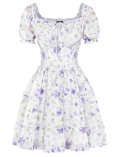 Image of SCARLET DARKNESS Women's Mini Dress Square Neck Puff Short Sleeve Floral Dress Ruffled A-Line Summer Casual Sundress Purple XXL