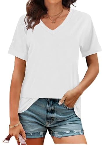 Image of VVNTY Womens V Neck Short Sleeve T Shirts Summer Tops 2025 Casual Loose Tees Trending Now Tshirt (White1,XXL)