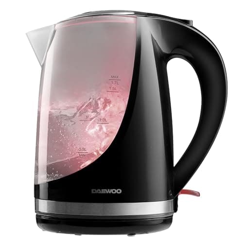 Image of Daewoo 1.7L Cordless Kettle with Stainless Steel Lid - Colour Changing Indicator Lights - Glossy Black Plastic With Safety Locking Lid - Cordless Design - Black