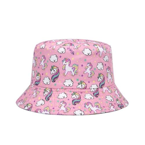 Image of QKURT Kids Sun Hat, Children Sun Protection Bucket Hat Reversible Beach Cap Fishing Hats Summer Fisherman Hats with Unicorn for Outdoor Play for Girls 2-8 Years Old Pink