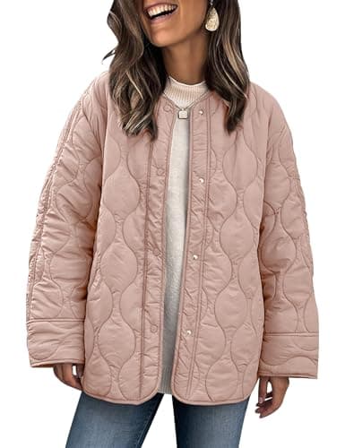 Image of PEHMEA Women's Quilted Jacket Lightweight Button Down Ladies Winter Warm Coat with Pocket(Pink-XL)