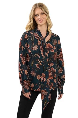 Image of Long Tall Sally - LTS Tall Navy Blue Floral Tie Neck Blouse - Women's