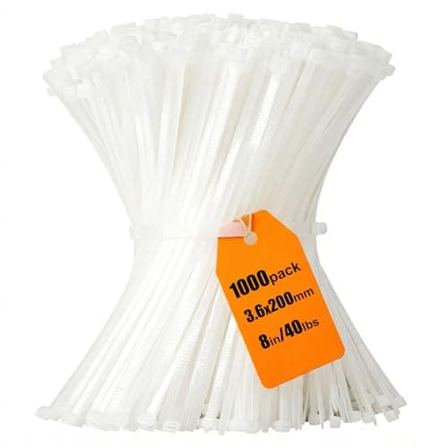 Image of 8 inch Cable Ties 1000 Pack, 3.6 x 200mm Zip Ties White, Tensile Strength 40lbs with UV Resistant, Tie Wraps Nylon Plastic Ties Self Locking Large Heavy Duty Cable Wrap for Tidy Wires Workshop Garden