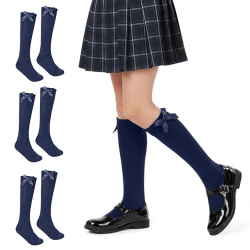 Image of J&A MARTS® 3 Pairs Girls Knee High School Socks, Cotton Socks With Fluffy Ribbon Bows Back to School Kids Uniform Party Wear Long Comfort Fit Stockings (UK 12-3, NAVY)