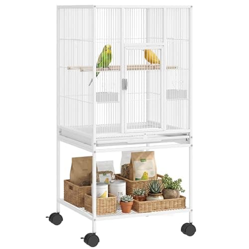 Image of PawHut Detachable Bird Cage on Wheels, for Finches, Parakeets, Budgies, Budgie Cage, Parrot Aviary with Accessories, Storage Shelf - White