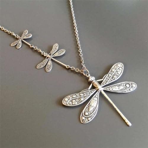 Image of XRCXBLSC Vintage Carved Dragonfly Pendant Necklace Asymmetrical Geometric OrnamentsSterling Silver Dragonfly Necklace for Women Dragonfly Pendant Christmas Jewelry Gifts for Dragonfly Lovers