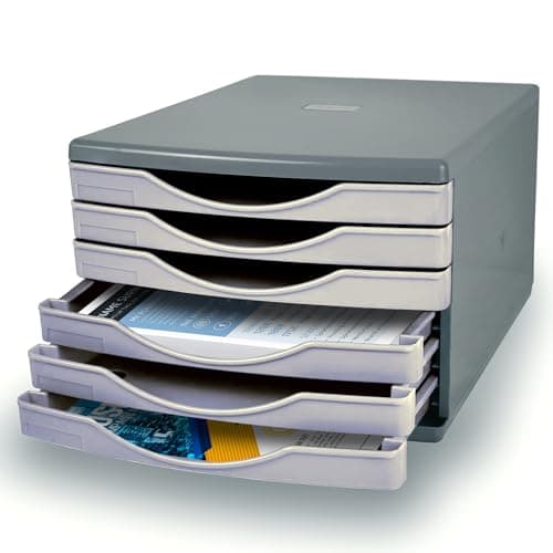 Image of Deflecto Warm Grey Desk Storage Set With 6 x 30mm A4 Desktop Drawers in Classic Grey