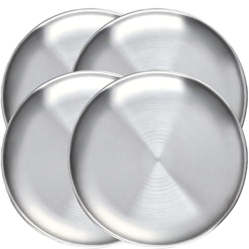 Image of hufhnwso 8 Inch (20cm) Stainless Steel Plates Set of 4 - Unbreakable Metal Dinner Plates, Dishwasher Safe, Lightweight Reusable Camping Dishes for Kitchen, BBQ & Outdoor Dining