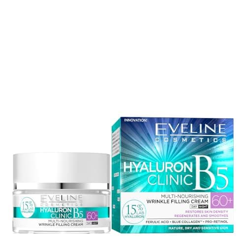 Image of Eveline Cosmetics Hyaluron Expert Day and Night Cream 60+ - Advanced Anti-Ageing Treatment with Tri-Hyaluron, Ever Lift Complex & Blue Collagen for Intense Moisture and Firm Skin