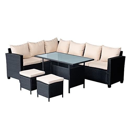 Image of Panana 8 Seater Rattan Garden Furniture Corner Dining Set, Outdoor Sofa Set with Dining Table, 2 Stools, Cushions, Free Cover for Patio & Conservatory (Black Wicker with Beige Cushions)