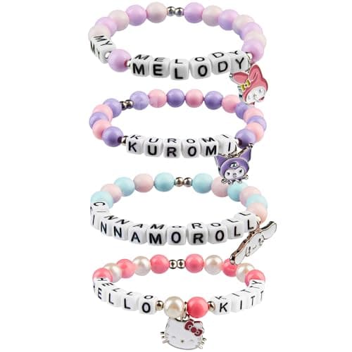 Image of Hello Kitty Sanrio Bracelets Girls 4 Pcs, Cinnamoroll Kuromi Kawaii Stretchy Beaded Charm Friendship Bracelet Set, Anime Gifts (Multi)