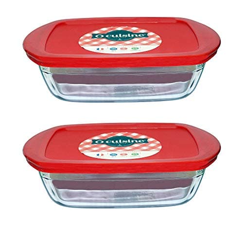 Image of Pyrex O'Cuisine Borosilicate Glass Rectangular Dish with Plastic Lid 1.1L Red (Pack of 2)