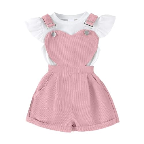 Image of QUNERY Toddler Baby Girl Clothes Round neck Top Sleeves Solid Color Heart-Shaped Suspender Shorts Sets pink 5-6 years