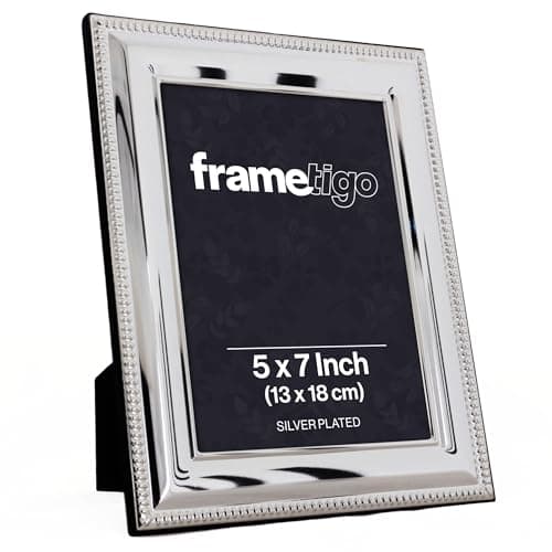 Image of Frametigo - Silver Plated Bead Photo Frame, 5"x7" (13x18cm) Photo Size - Velvet Frame Backing & Stand - Real Glass Window - Tarnish Resistant - Landscape or Portrait Orientation