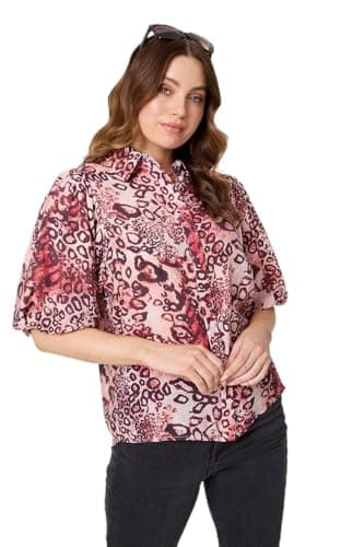 Image of Izabel London Animal Print 1/2 Sleeve Puff Sleeve Shirt Made from a Viscose Blend, for Women UK with a Collar.