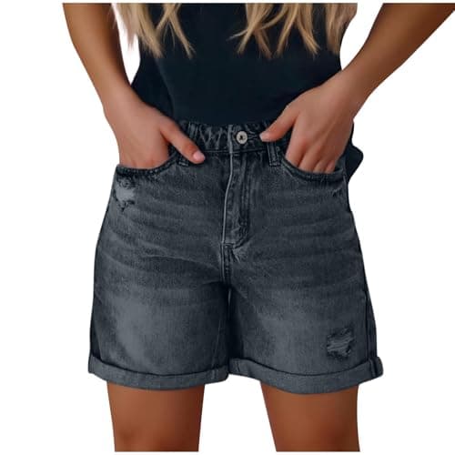 Image of Mrat Denim Shorts for Women UK High Waist Frayed Hem Ripped Summer Jeans Short Hot Pants Pockets Buttons Ladies Cut Off Mid Rise Cropped Trousers Casual Stretchy Jeans Workout Tummy Control Sports XL