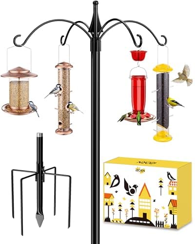 Image of iBorn Bird Feeders Hanging Station 87Inch Wild Bird Feeding Station Stand Heavy Duty For Feeders Hanging, 1 Inch Thickness Pole, 4-Hooks,5-Prong Pole Stabilizer(Bird Feeders NOT Included)