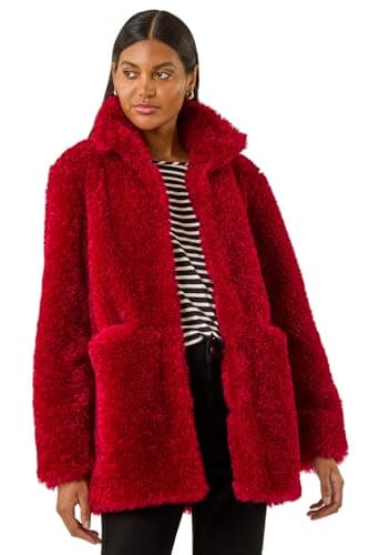 Image of Roman Teddy Coat for Women UK Ladies Borg Faux Fur Coatigan Lined Casual Soft Fluffy Fleece Texture Oversized Longline Warm Cosy Winter Jacket Thick Cardigan - Red - Size 12