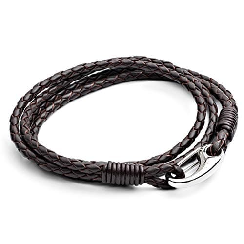 Image of Tribal Steel Brown Braided Double Wrap Leather Bracelet - Men's 21cm Leather Bracelet with a Stainless Steel Shrimp Clasp