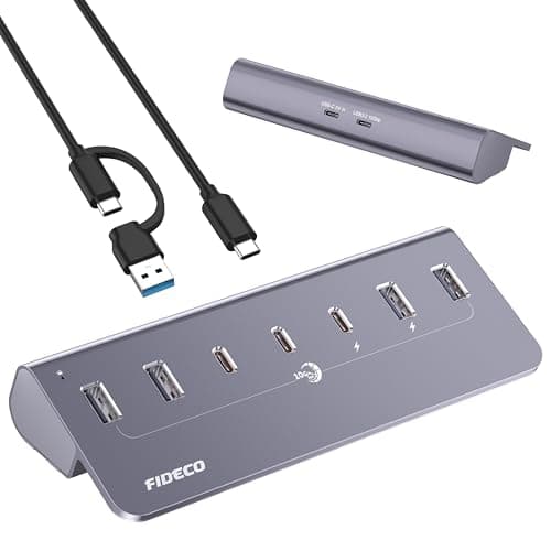Image of FIDECO Powered USB Hub, 7 Port 10Gbps Fast Data Hub for iPhone 16/15 and Laptop, Full Aluminum USB Splitter with 5V 3A Power Adapter, 4 USB A and 3 USB C Ports, Support BC1.2 Charging (Grey)