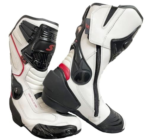 Image of Speed MaxX MENS WHITE & BLACK MOTORBIKE/MOTORCYCLE ARMOUR LONG RACING SPORTS LEATHER SHOES BOOTS (UK 7 - EU 41)