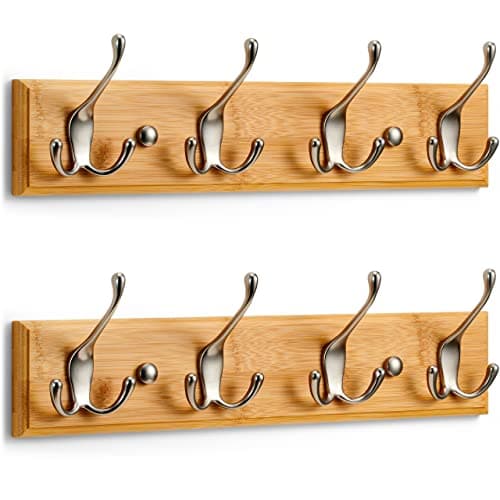 Image of LARHN Wall-Mounted Coat Rack (2 Pack) - 4 Matt-Nickel Triple Coat Hooks for Wall on Stylish Wooden Bamboo Base – 42 cm - All Fixings Included