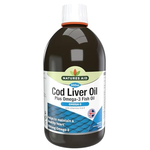 Image of Natures Aid Cod Liver Oil Liquid 500ml - High Strength Omega-3 Fish Oil with Vitamins A & D - Supports Immune System Heart Health Brain Function and Vision - Non-GMO - Purity Guaranteed