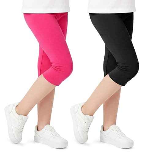 Image of Domueay Girls 3/4 Length Cotton Leggings Stretchy Breathable Capri Trousers Pack of 2 Cropped Plain Pants Kids Dance Gymnastics Tights Children Activewear Ages 7-8 Years, Black Rose Red