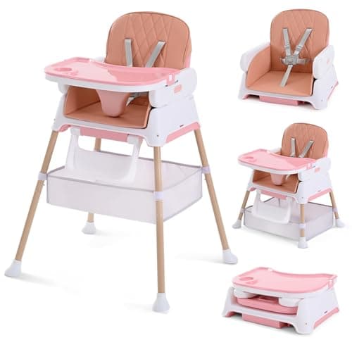 Image of High Chairs for Babies and Toddlers, Adjustable Convertible 3 in 1 Baby High Chair, Portable Compact Baby Infant Feeding Chair Travel Highchair Booster for Toddler, from 6 Month to 3 Years Pink