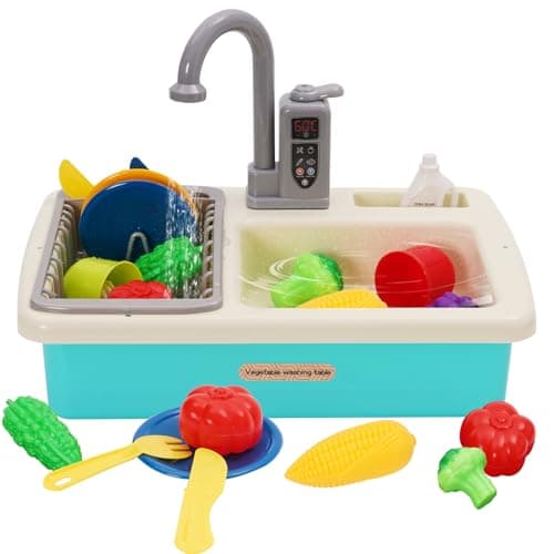 Image of Toddler Play Sink with Running Water,Pretend Role Play Kitchen Toys for Kids with Accessories Vegetable Fruit,Electric Dishwasher with Automatic Water Cycle System,Water Play Gift For Boys Girls,Green