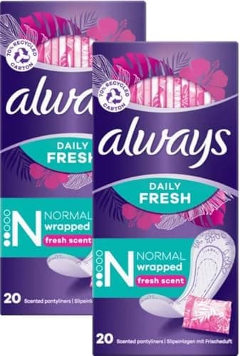 Image of Always Dailies Panty Liners Normal 40x Fresh Scent Panty Liners | Go Fresh Singles Individually Wrapped | Odour Neutralising Discreet Breathable | Comfort | Pack of 2X 20 | Bought to You BY ZMA1