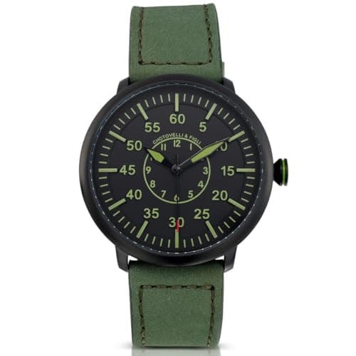 Image of chotovelli Military Flieger Watch - 1919 D-4 Model | Classic Aviator Design | Black Dial, Suede Leather Strap | Men's Wristwatch, Green, Vintage
