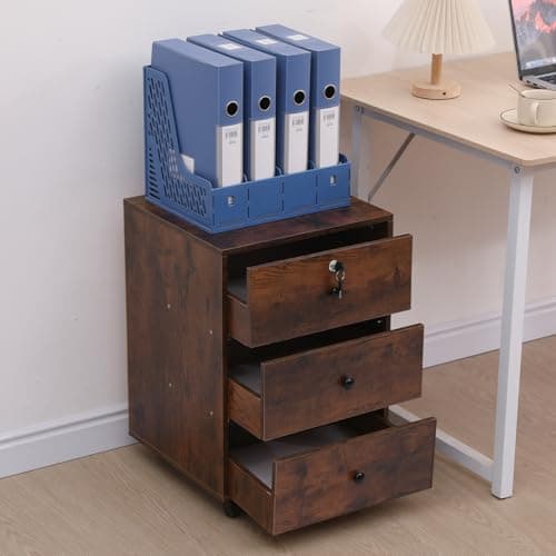 Image of BonChoice 3 Drawers Mobile File Cabinets Pedestal Office Filing Cabinet with Rolling Casters, Wood Under Desk Storage Cabinet for A4 Paper (#2 Rustic Brown)