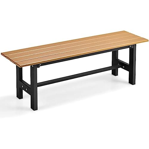 Image of COSTWAY 2-Seater Garden Bench, All-Weather HDPE Patio Loveseat Park Bench, Metal Frame Outdoor Dining Bench Chair Leisure Porch Seating for Balcony Lawn Yard, 300kg Load Capacity (Brown)