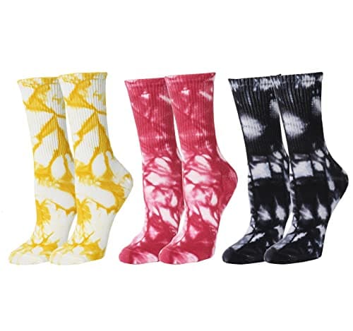 Image of Benefeet Sox Womens Funny Crew Socks Girls Cute Patterned Dress Socks Cotton Funky High Ankle Socks Athletic Mid-calf Socks, 3 Pair-black Yellow Pink Tie -Dye, One size