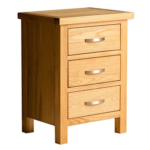 Image of London Oak Bedside Cabinet Table | Roseland Furniture Solid Wood Side End Night Stand with 3 Drawers for Bedroom Bathroom and Hallway Storage | Fully Assembled Chest H:56 W:42 D: 32 cm for Lamps