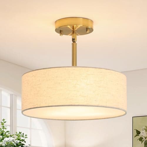 Image of LWYTJO Gold Ceiling Light 3-Light, Semi Flush Mount Ceiling Lights, Gold Chandeliers Ceiling Light, White Lampshades for Ceiling Lights, Fabric Drum Chandelier for Living Room Bedroom Hallway