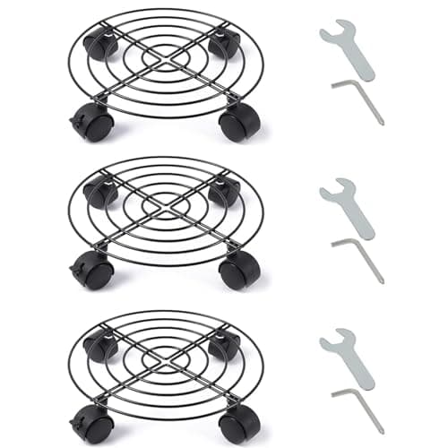 Image of HAYAN 3 Pack 30cm Metal Plant Caddy with Brake Wheels, Heavy Duty Garden Plant Pot Dolly, Iron Potted Round Flower Pot Rack on Roller, Rolling Plant Stand Dolly for Indoor & Outdoor