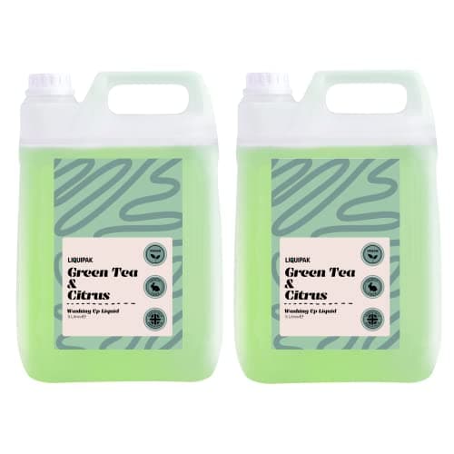 Image of Liquipak Vegan Washing Up Liquid Refill – Green Tea & Citrus, 2x5 Litres. 100% vegan & cruelty-free, removes tough stains and grease with ease, fresh citrus scent.