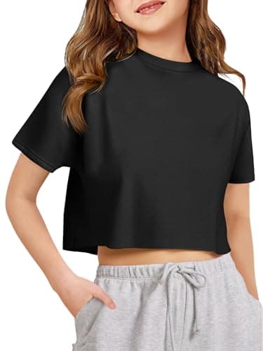 Image of Haloumoning Girls T-Shirts Crop Top Kids Oversized Short Sleeve Crew Neck Plain Shirts Summer Sports Tees, Black, 10-12 Years