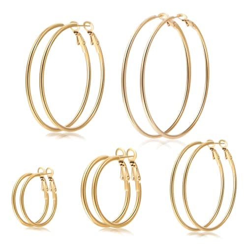Image of Senteria Large Gold Hoop Earrings for Women Girls 5 Pairs Stainless Steel Hoop Earrings Set Thin Gold Hoops Earring Lightweight(30MM 40MM 50MM 60MM 70MM)