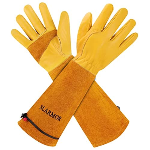 Image of SLARMOR leather Gardening Gloves for Women/Men - Thorn Proof Cowhide Leather Rose/Blackberry Pruning Heavy Duty Garden Gloves Thick Palm Gauntlet Garden Work Gloves with Forearm Protection