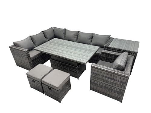 Image of FMSGarden 9-seater Height Adjustable Rising Lifting Table Corner Sofa Set Rattan Garden Furniture Dining Set with 2 Small Stool Side Table Dark Grey Mixed