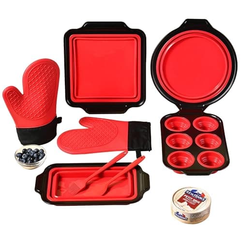 Image of 8 Piece Red Silicone Bakeware Sets, Nonstick Baking Pans, Silicone Baking Sheet Set with Press to Release Design, Oven Mitts, Spatula & Brush Flexible, Stackable, BPA Free, Dishwasher & Oven Safe